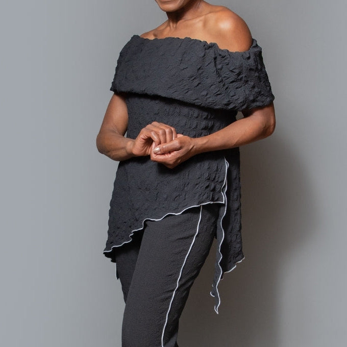 Band shoulder asymmetric hem overlock top