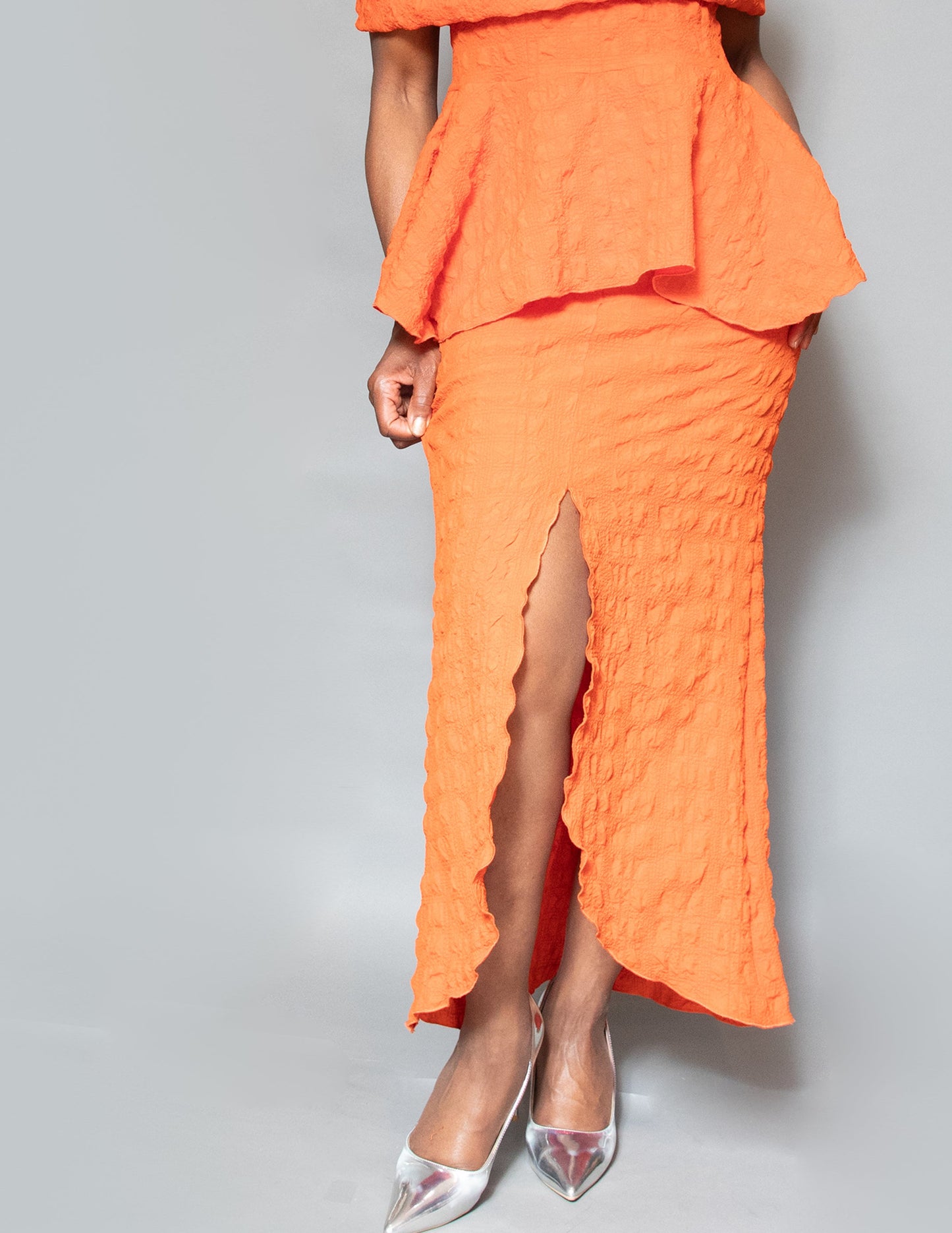 Slit front cut away pull on fit skirt