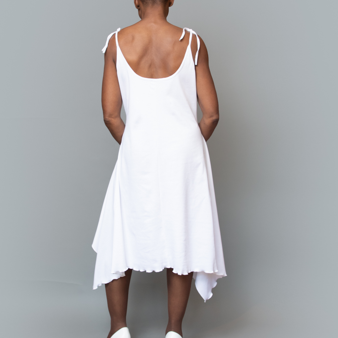 Sleeveless tie shoulder asymmetric knit dress