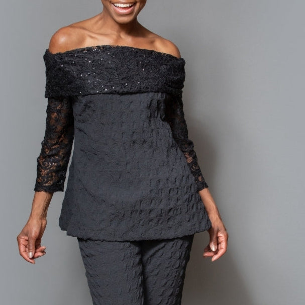 Band shoulder sequin accent pucker body top