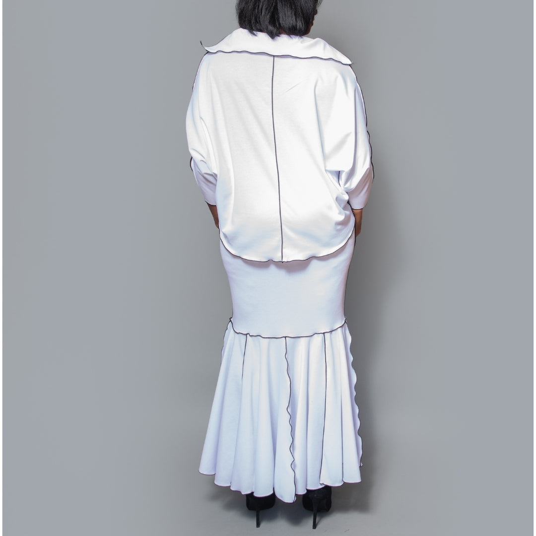 Boat collar dolman sleeve black contrast overlock top
