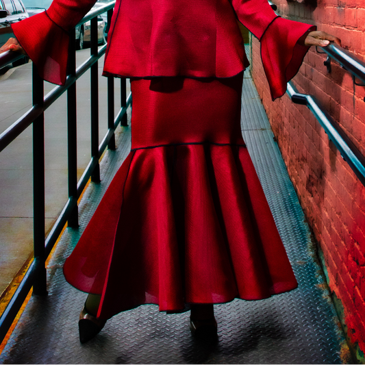 Long peplum  black overlock stitch details poly skirt