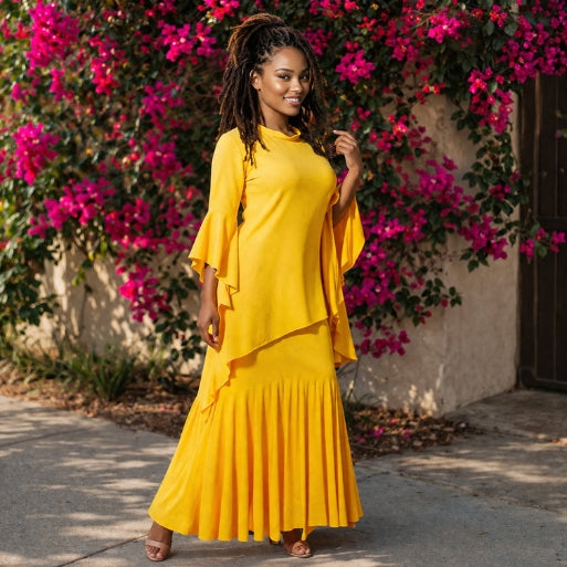 Long Dramatic peplum pull on pearl stitch hem cotton knit skirt