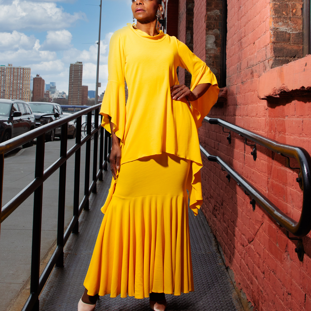 Long Dramatic peplum pull on pearl stitch hem cotton knit skirt