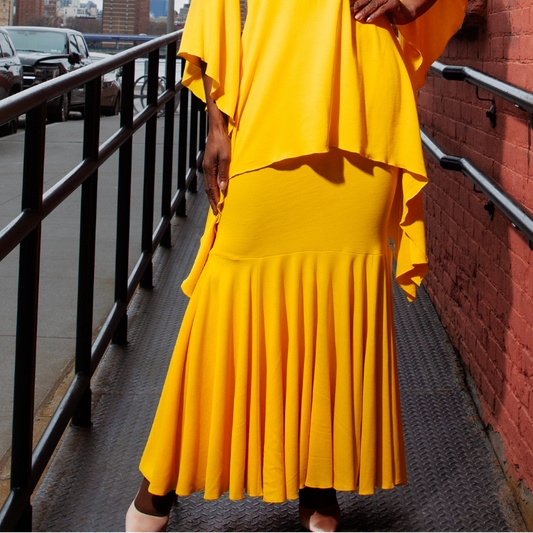 Long Dramatic peplum pull on pearl stitch hem cotton knit skirt