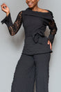 Boat collar lace slv, lace back top
