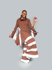 Slit color block slit brown white tunic