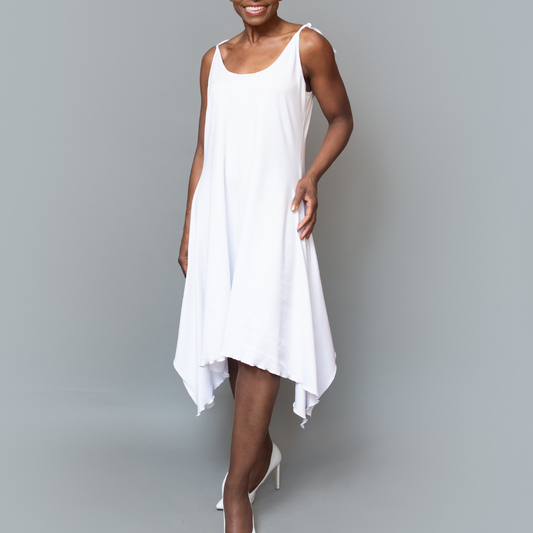 Sleeveless tie shoulder asymmetric knit dress