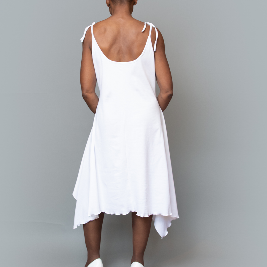 Sleeveless tie shoulder asymmetric knit dress