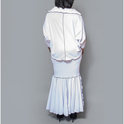 Boat collar dolman sleeve black contrast overlock top