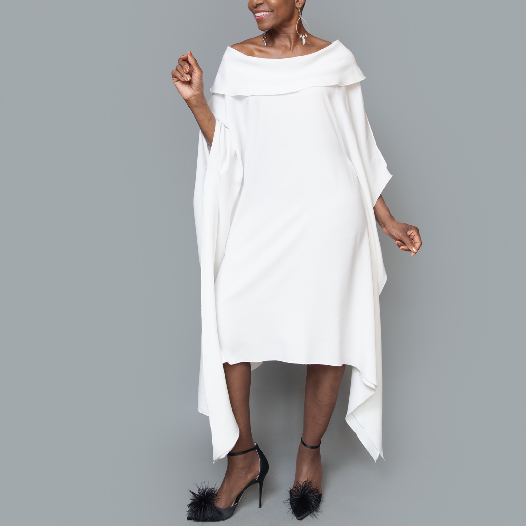 Boat collar kimono asymmetric hem dress