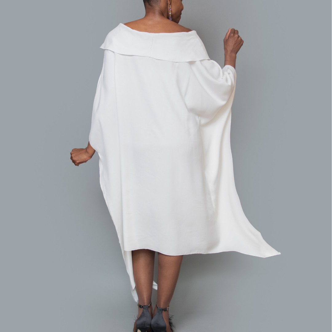 Boat collar kimono asymmetric hem dress