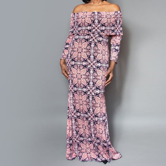 Band shoulder 3/4 sleeve print dress