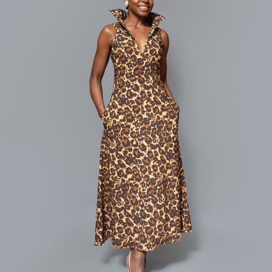 Leopard print v neck sleeveless drama collar dress