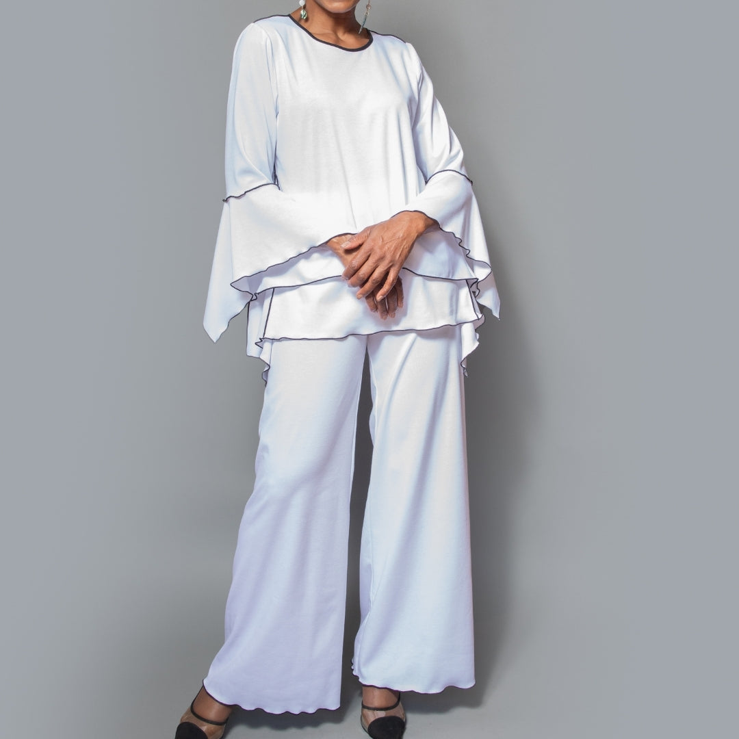 Wide leg black contrast overlock hem pull-on pant